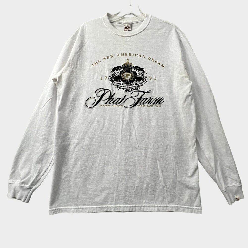 Vintage Y2K Phat Pharm T Shirt Mens Medium Long Sleeve White Embroidery Hip Hop